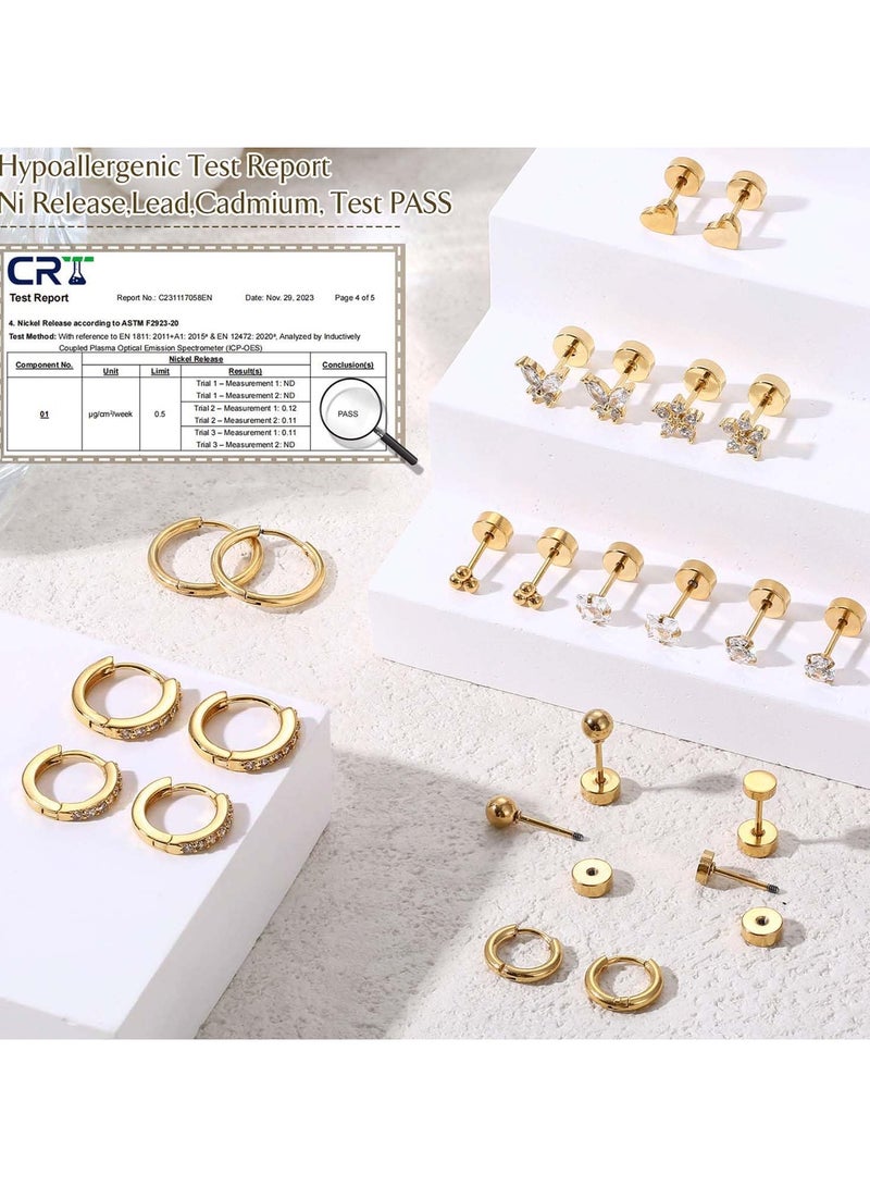 Hypoallergenic Surgical Steel Earrings for Sensitive Ears 14K Gold Flat Back Earrings for Women Men Small Stainless Steel Earrings Flatback Stud Hoop Cartilage Earring Set for Multiple Piercing - Image 3