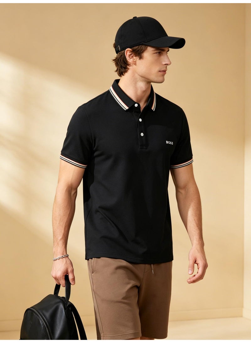 BOSS Men Short Sleeve Striped Collar Polo Shirt Minimal All Match Daily Top Black - Image 2