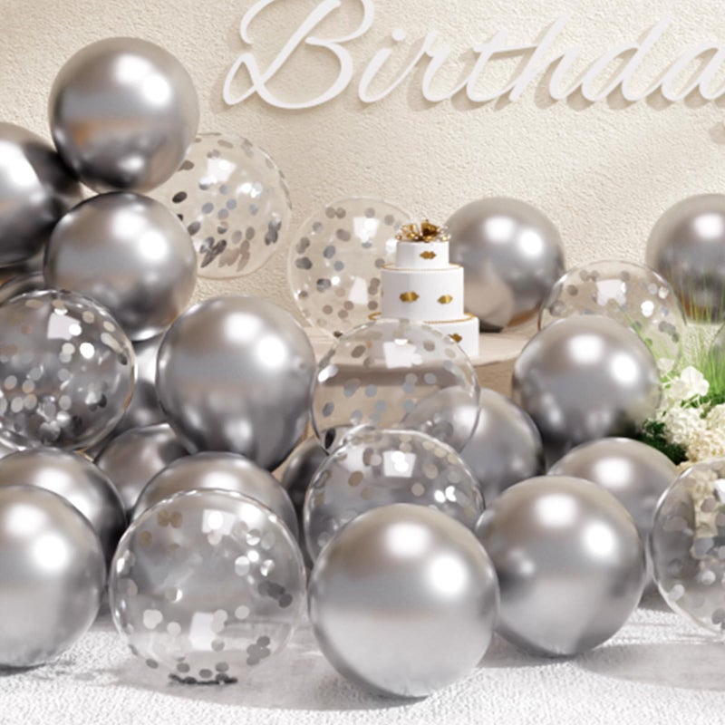 SUWEN Silver Metallic Balloons and Confetti Balloons Set 47PCS Latex Helium Chrome Silver Balloon for Birthday Graduation Anniversary Party Decorations - Image 3