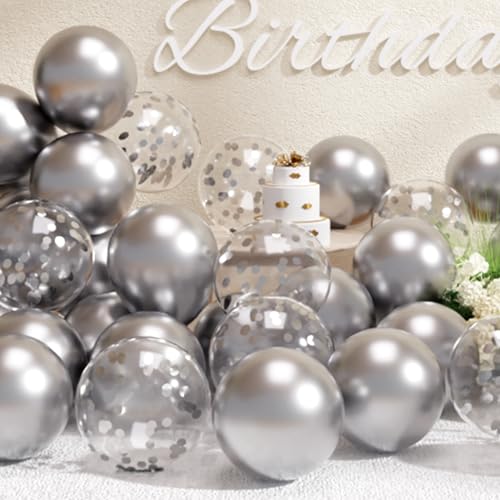 SUWEN Silver Metallic Balloons and Confetti Balloons Set 47PCS Latex Helium Chrome Silver Balloon for Birthday Graduation Anniversary Party Decorations - Image 1