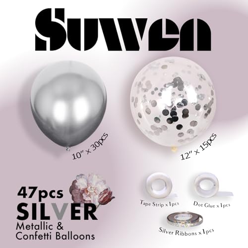 SUWEN Silver Metallic Balloons and Confetti Balloons Set 47PCS Latex Helium Chrome Silver Balloon for Birthday Graduation Anniversary Party Decorations - Image 5