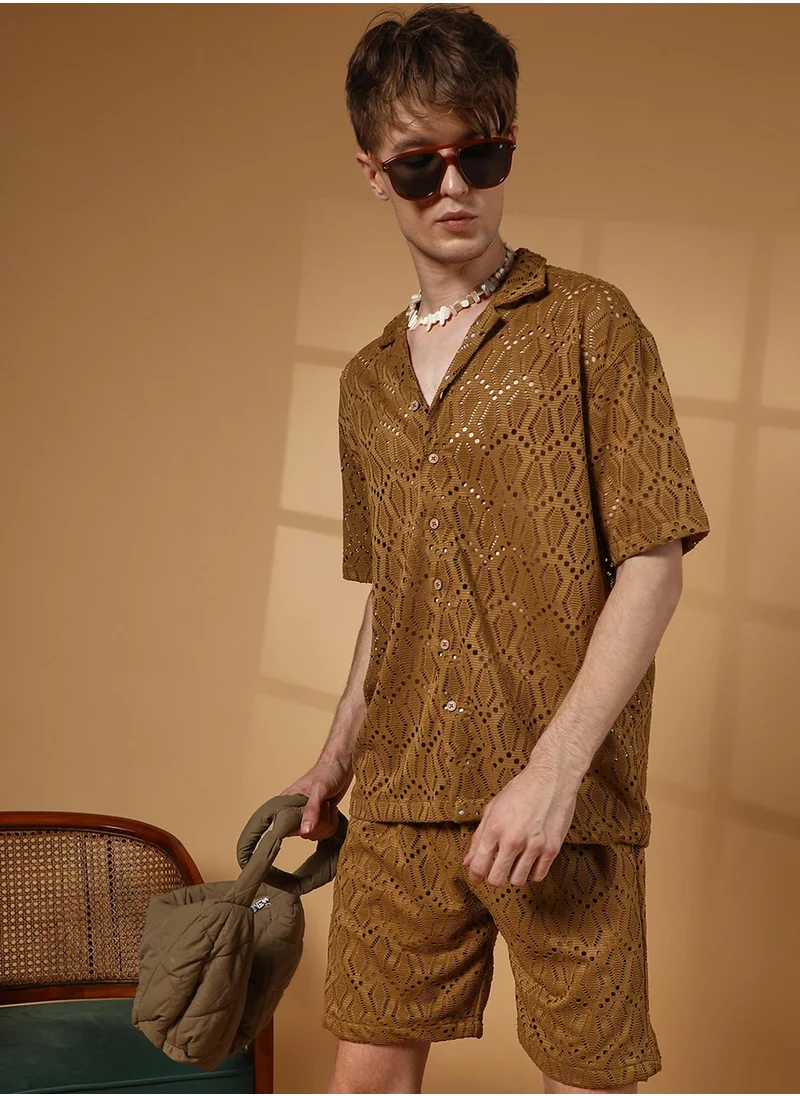 Campus Sutra Men's Caramel Brown Boho Knit Co-Ord Set