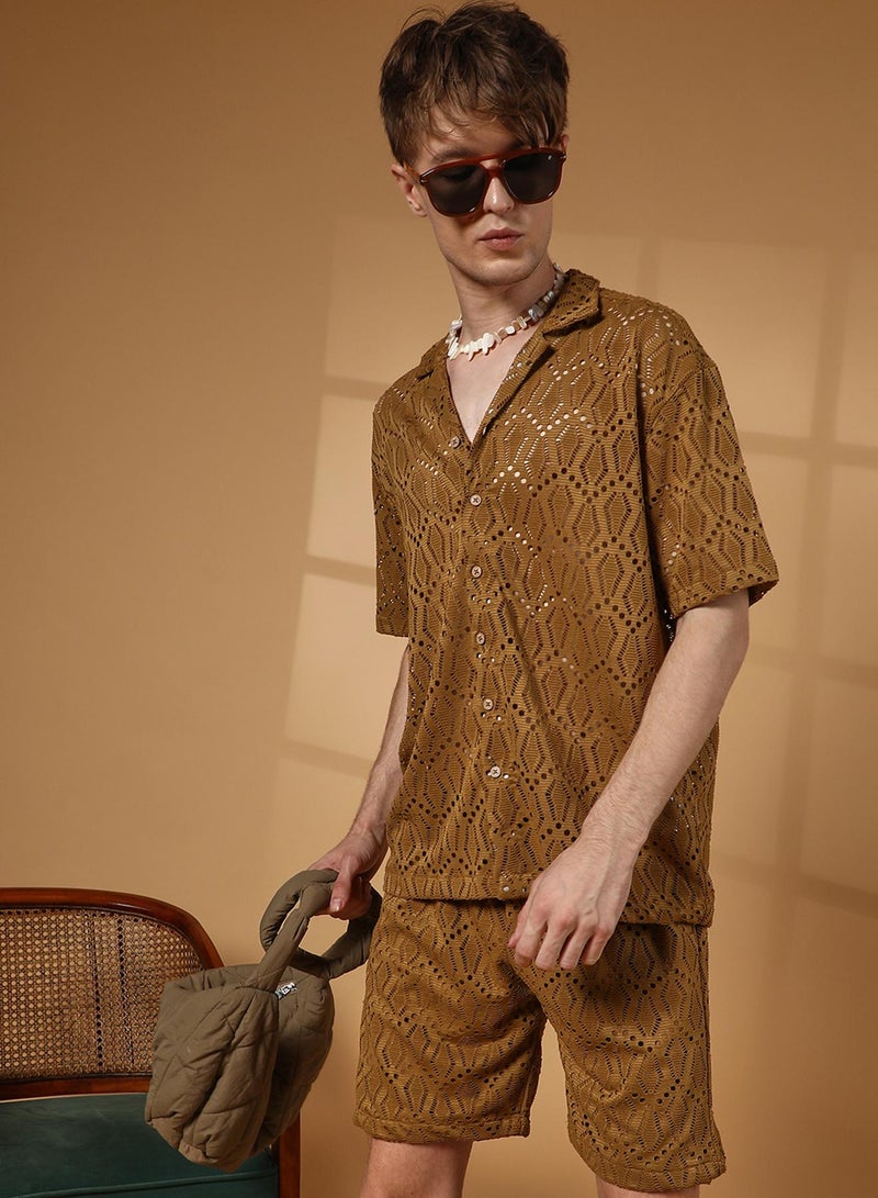 كامبوس سوترا Men's Caramel Brown Boho Knit Co-Ord Set  - Image 1