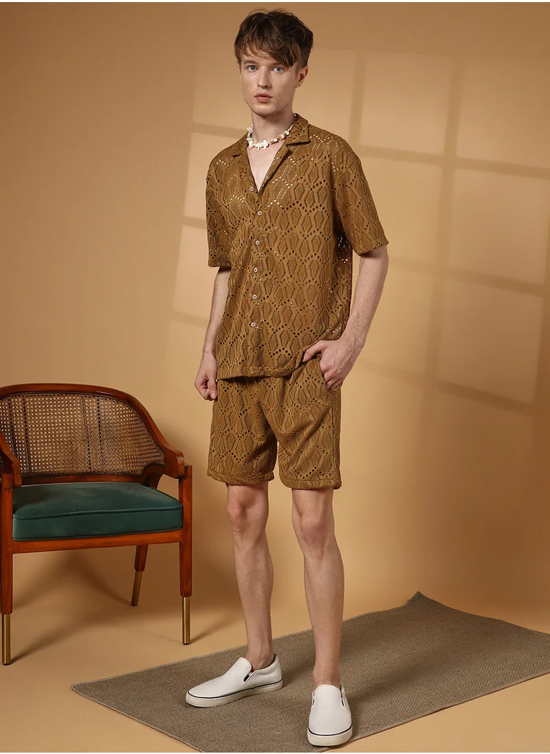 Campus Sutra Men's Caramel Brown Boho Knit Co-Ord Set