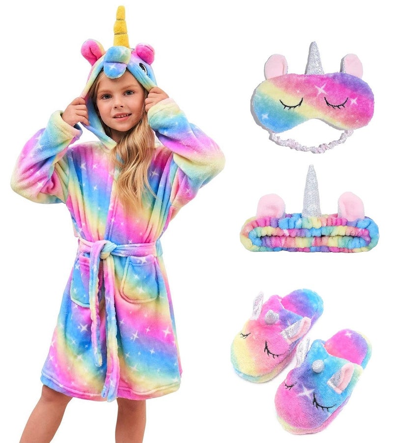 CHETOSHO CHETOSHO Soft Unicorn Hooded Robe with Matching Slippers Headband and Blindfold for Girls - Blue/Pink Stars 5-6 Years  - Image 1