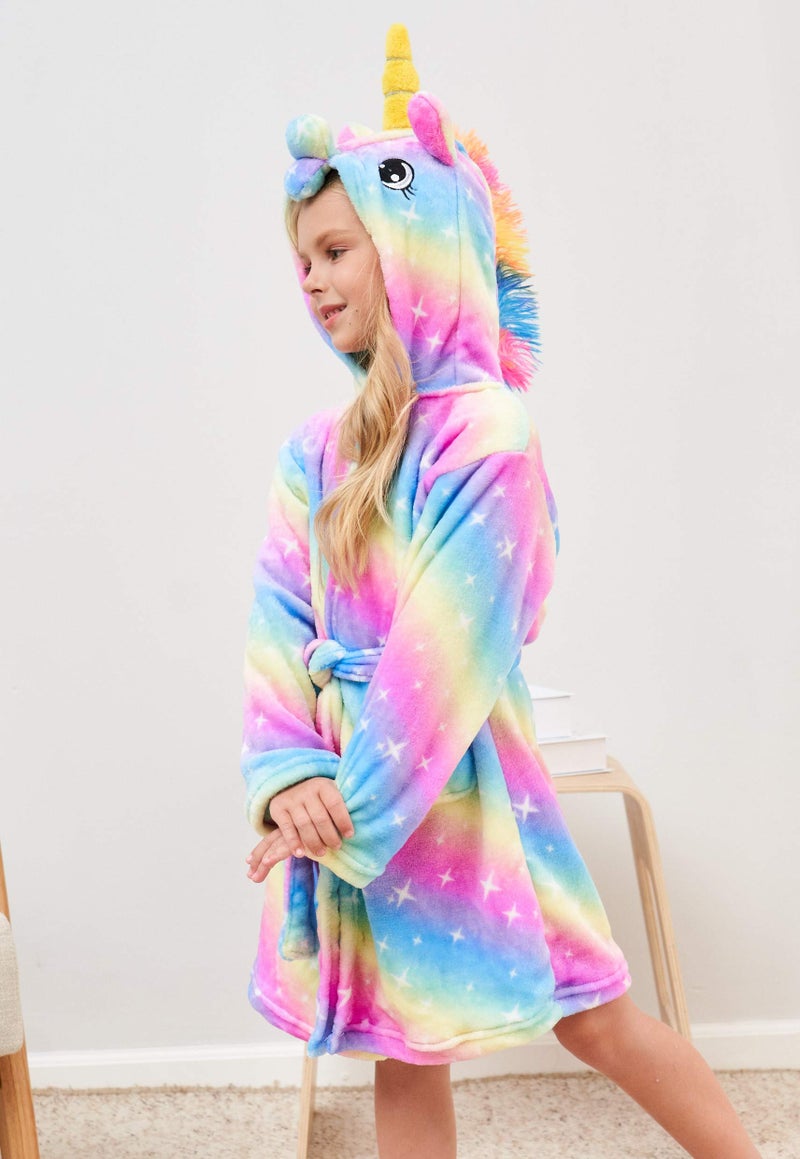 CHETOSHO CHETOSHO Soft Unicorn Hooded Robe with Matching Slippers Headband and Blindfold for Girls - Blue/Pink Stars 5-6 Years  - Image 3