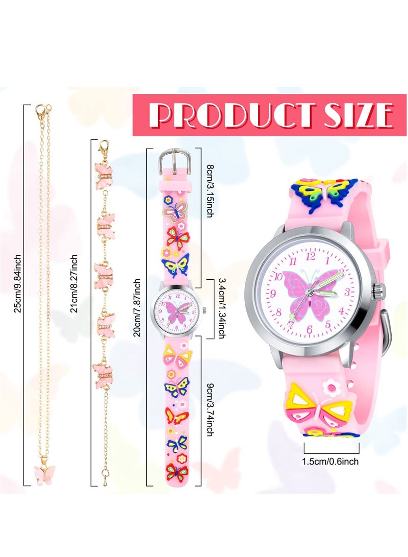 SYOSI SYOSI Kids Analog Watch for Girls Lovely Girls Butterfly Watch with Butterfly Necklace Charm Bracelets 3D Cartoon Silicone Kids Girls Watches with Easy to Read Numbers Pointers for Birthday Gifts - Image 3