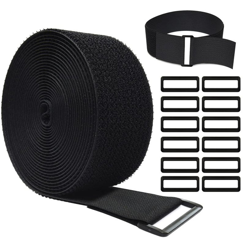16Ft x 2In Adjustable Cable Straps with 12 Buckles, Free Cut Length, Black Reusable Fastening Cable Ties, Hook and Loop Securing Strap for Cable Tidy, Wire Management, Cord Organiser, Black - Image 1