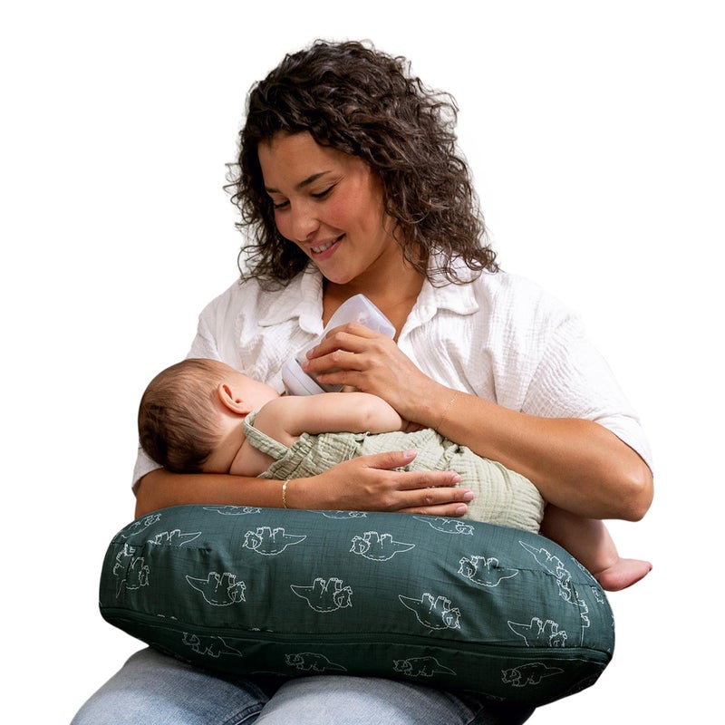 Boppy Nursing Pillow - Ergonomic Bottle & Breastfeeding Pillow with High, Firm, Large Area, Water-Repellent Cushion with Washable Cover; Baby Safety Alliance Verified - Forest Green Dinos - Image 1