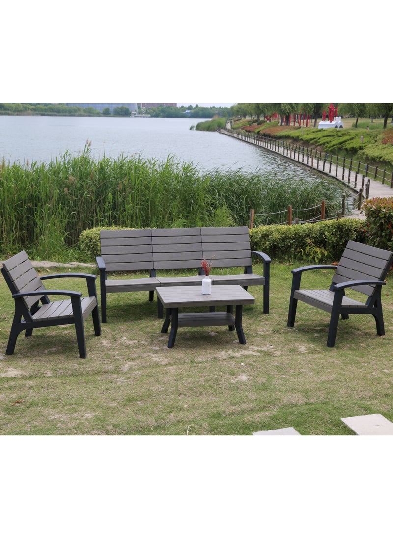 Marcolo 5-Seater Outdoor Sofa Set – Wood-Look Plastic, Triple Seat, 2 Chairs & Table – Dark Brown – Ideal for Gardens, Patios, Balconies, Poolside Areas, & Rooftop Terraces  - Image 2