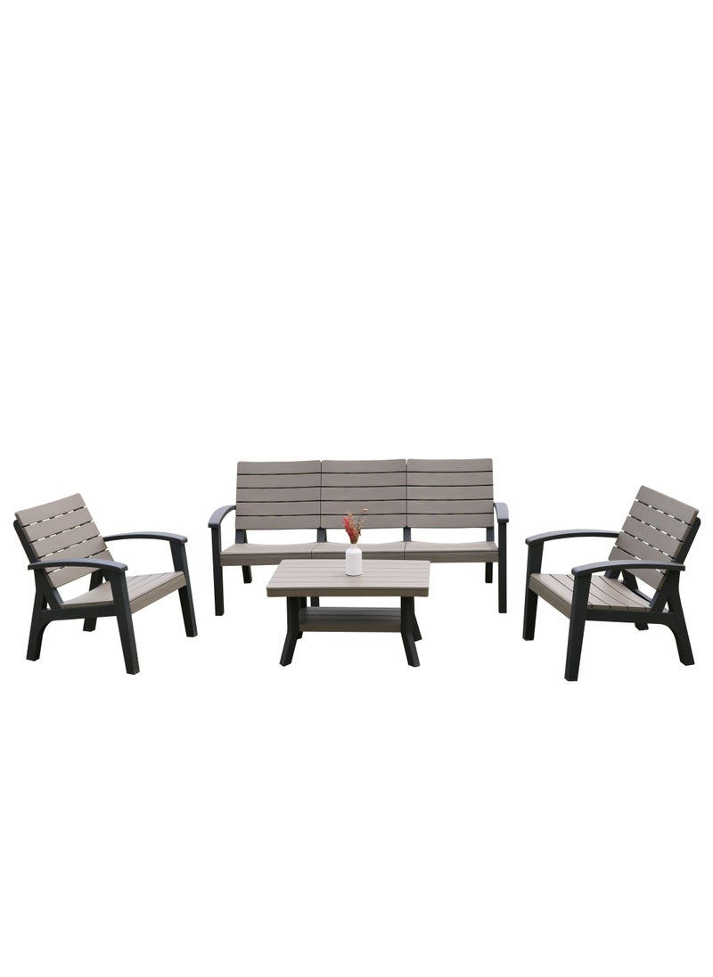 Marcolo 5-Seater Outdoor Sofa Set – Wood-Look Plastic, Triple Seat, 2 Chairs & Table – Dark Brown – Ideal for Gardens, Patios, Balconies, Poolside Areas, & Rooftop Terraces  - Image 3