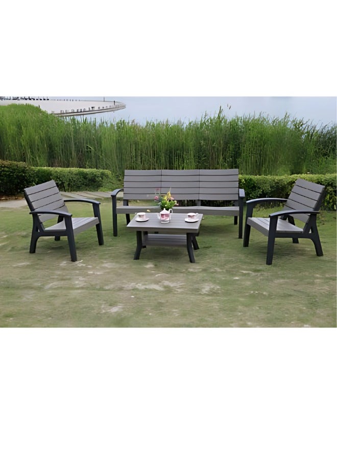 Marcolo 5-Seater Outdoor Sofa Set – Wood-Look Plastic, Triple Seat, 2 Chairs & Table – Dark Brown – Ideal for Gardens, Patios, Balconies, Poolside Areas, & Rooftop Terraces  - Image 1