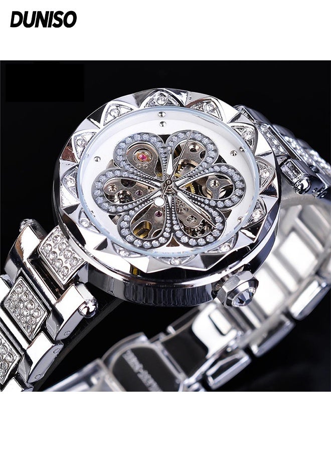 DUNISO Women‘s Automatic Mechanical watch ,with Diamond and Carving Flower Craft, Hollow Mechanical Waterproof Wrist Watch - Image 1