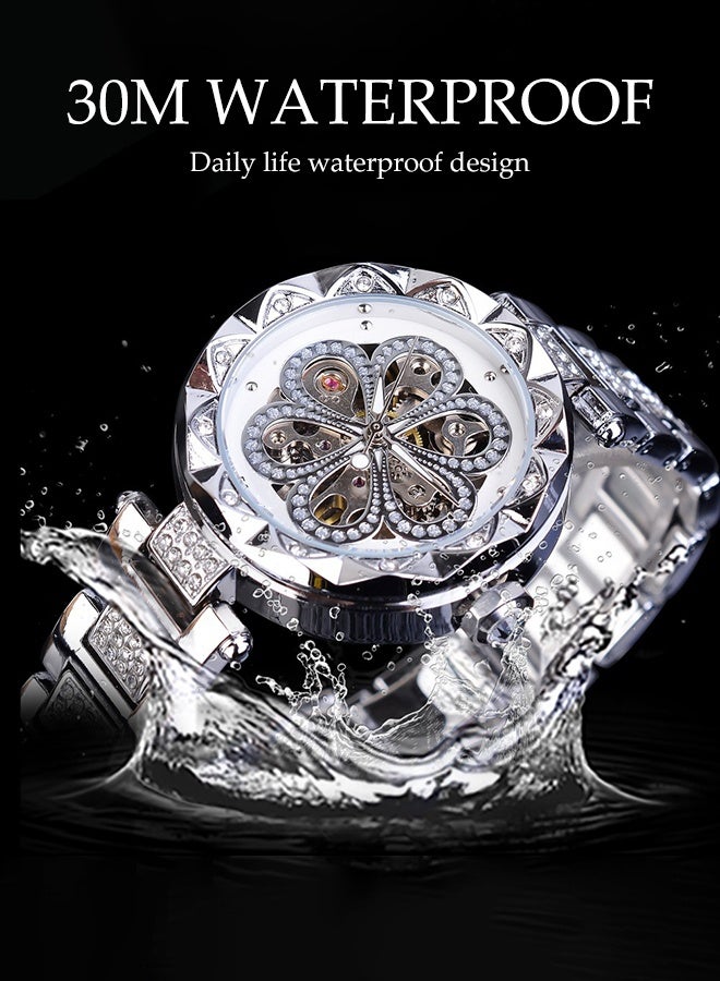 DUNISO Women‘s Automatic Mechanical watch ,with Diamond and Carving Flower Craft, Hollow Mechanical Waterproof Wrist Watch - Image 3
