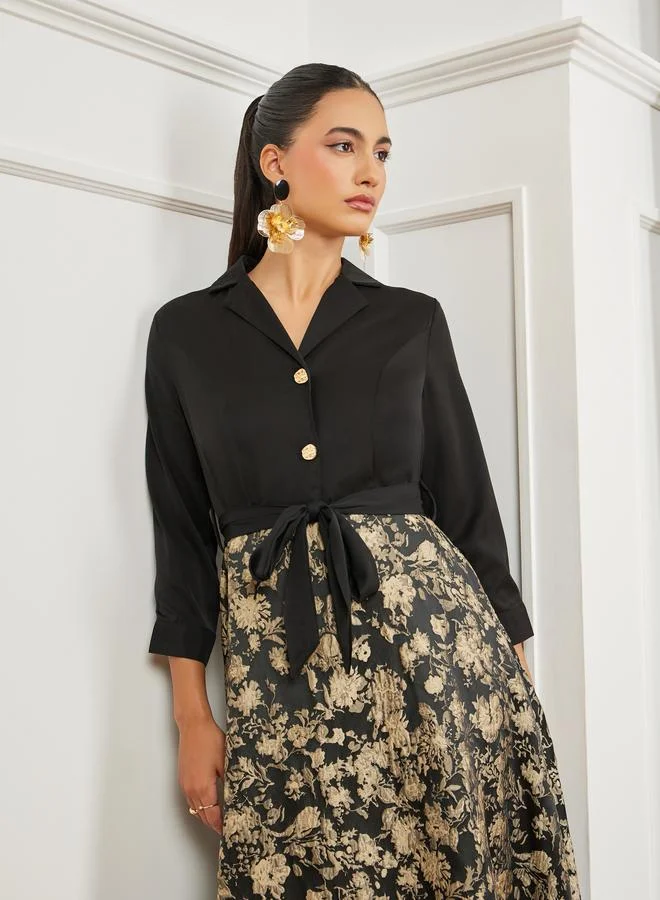 ستايلي فستان طويل جاكار بحزام وحافة واسعة