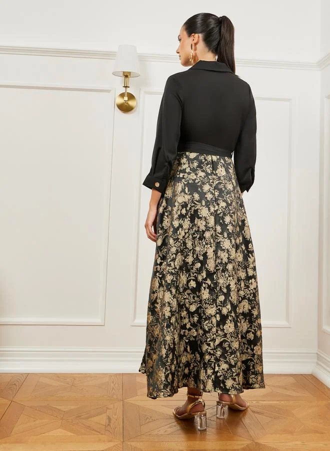 Styli  Black Jacquard Belted A-Line Maxi Dress for Women | Best Price UAE