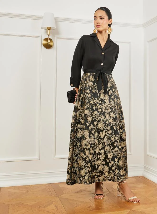 ستايلي فستان طويل جاكار بحزام وحافة واسعة