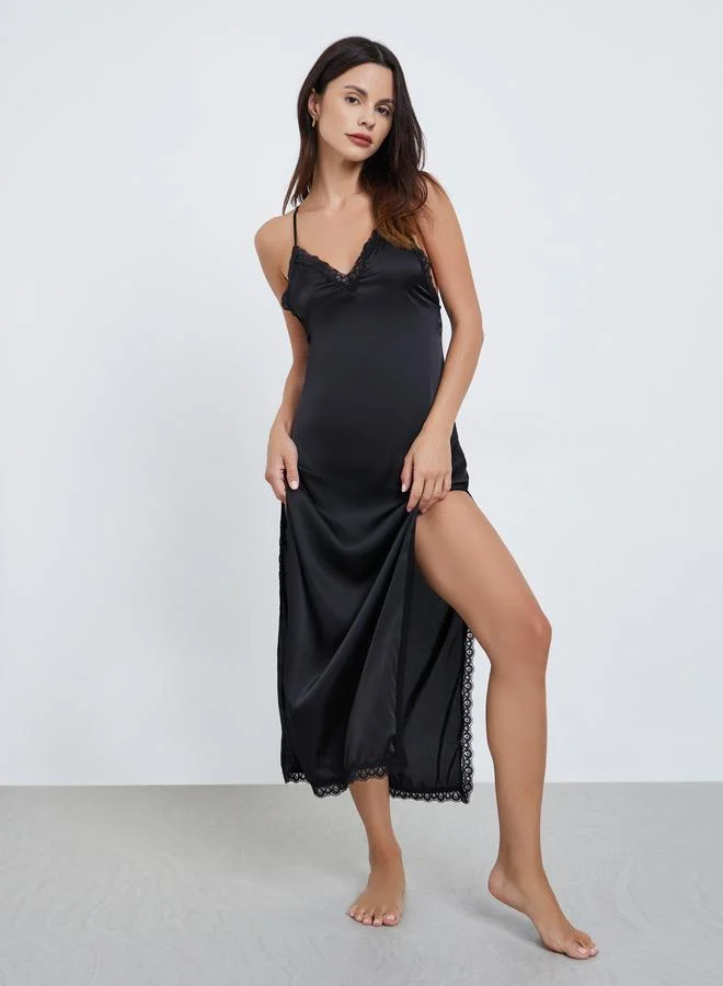 Styli Styli Satin Lace Insert Slip Dress with High Slit and Brief