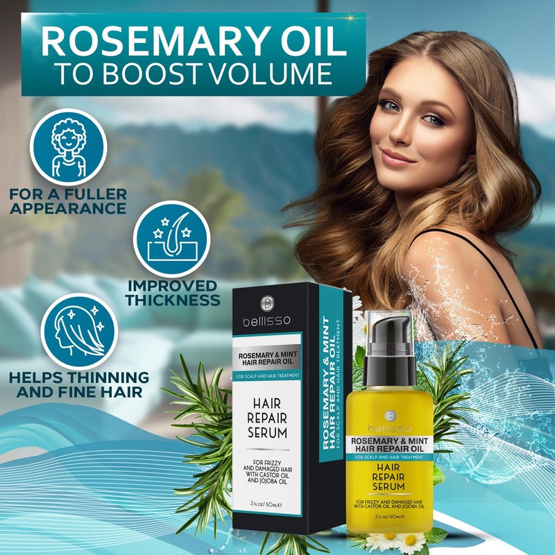 BELLISSO Rosemary Mint Oil Hair Serum - Thickening Products for Women and Men - Strengthening Treatment for Dry, Damaged, Frizzy Split Ends - Control Frizzy, Thinning and Curly Locks - Scalp Moisturizer - Image 2