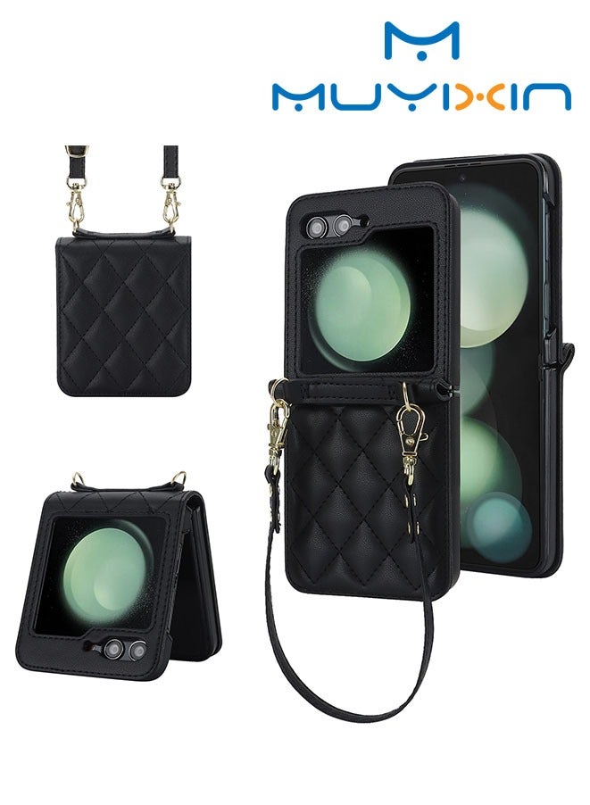 Muyixin غطاء حماية لهاتف Samsung Galaxy Z Flip 6، جراب جلدي مقاوم للصدمات قابل للفصل مع حزام كتف لهاتف Galaxy Z Flip 6 للنساء (أسود) - Image 1