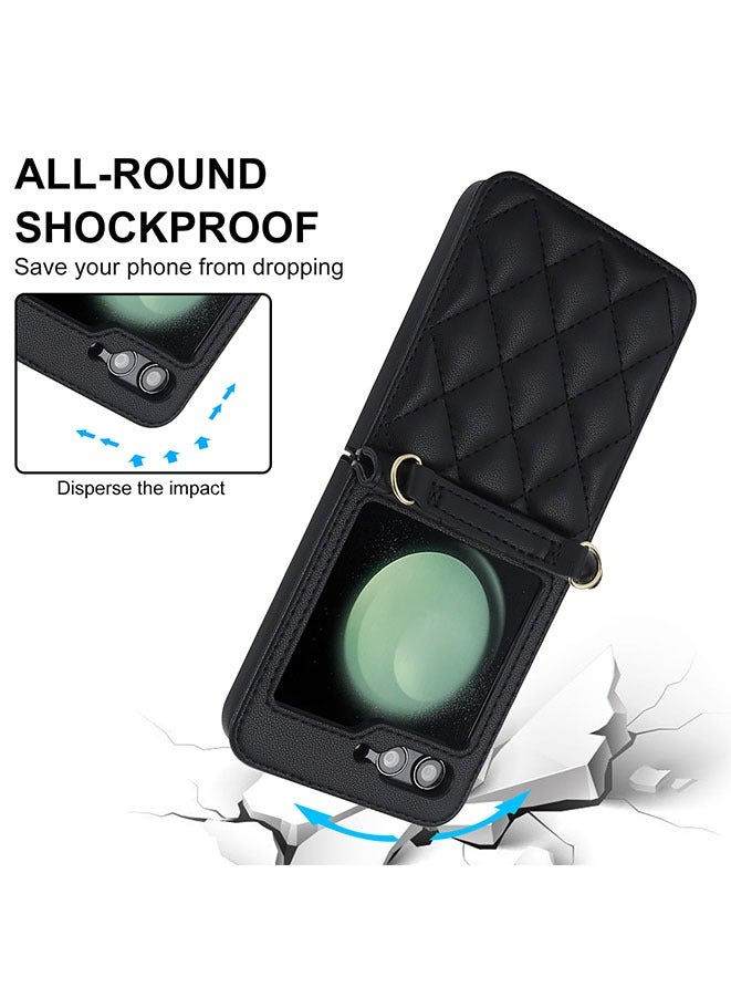 Muyixin غطاء حماية لهاتف Samsung Galaxy Z Flip 6، جراب جلدي مقاوم للصدمات قابل للفصل مع حزام كتف لهاتف Galaxy Z Flip 6 للنساء (أسود) - Image 2