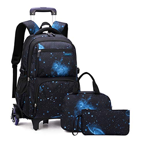 Bansusu 3Pcs Galaxy Boys Rolling Backpack Set with Lunch Bag, Galaxy Print Kids Backpack for Boys with Wheels - Image 1