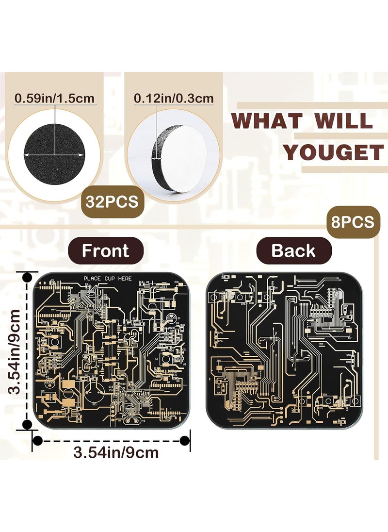 Nuenen Nuenen 8 Pcs Square Drink Coasters Set Funny Circuit Board Design with 32 Nonslip Pads Black PCB Material  - Image 2