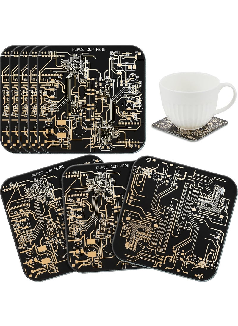 Nuenen Nuenen 8 Pcs Square Drink Coasters Set Funny Circuit Board Design with 32 Nonslip Pads Black PCB Material  - Image 1