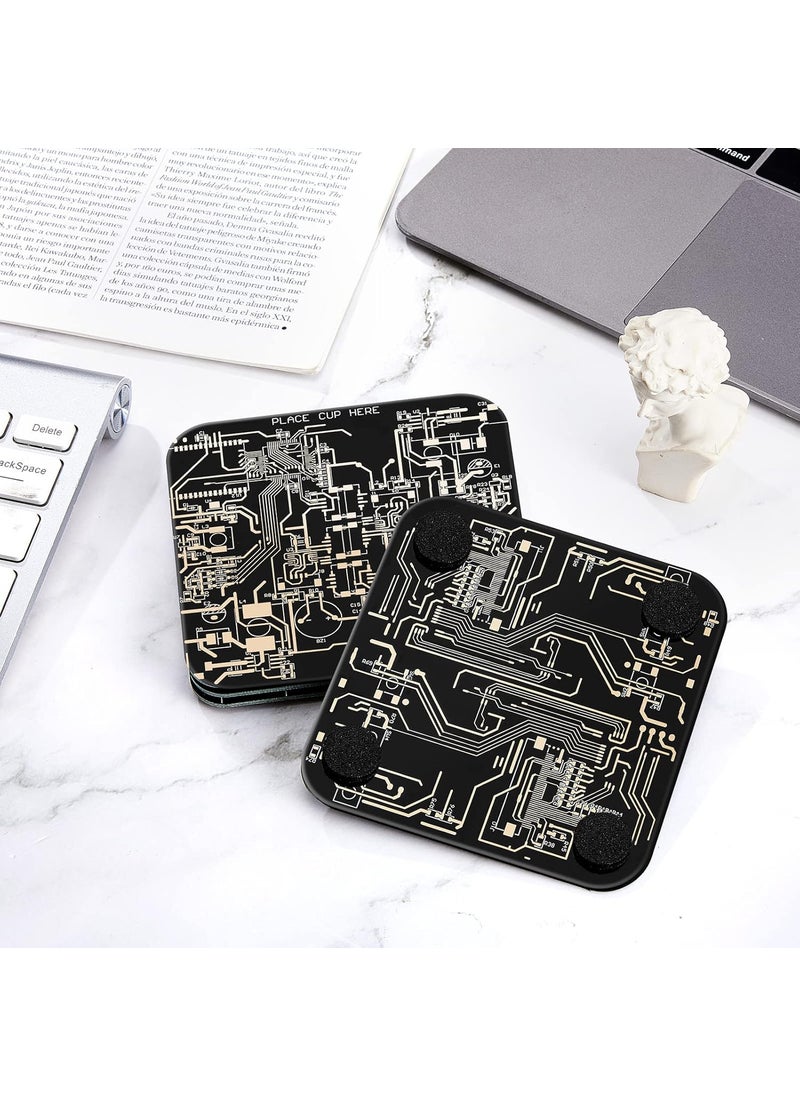 Nuenen Nuenen 8 Pcs Square Drink Coasters Set Funny Circuit Board Design with 32 Nonslip Pads Black PCB Material  - Image 3