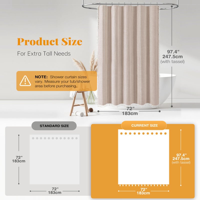 BTTN Extra Long Shower Curtain, 72x96 Long Striped Boho Chic Linen Fabric Heavy Duty Shower Curtain Set with Hooks, Tall Bohemian Farmhouse Luxury Tassel Cloth Shower Curtains for Bathroom, Tan/Taupe - Image 3