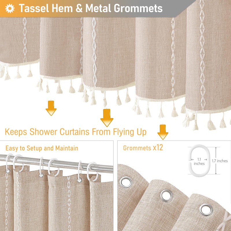 BTTN Extra Long Shower Curtain, 72x96 Long Striped Boho Chic Linen Fabric Heavy Duty Shower Curtain Set with Hooks, Tall Bohemian Farmhouse Luxury Tassel Cloth Shower Curtains for Bathroom, Tan/Taupe - Image 5