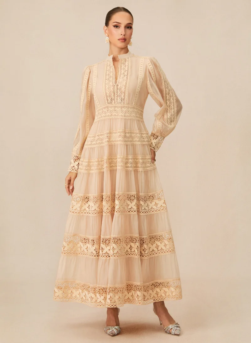Sunfere Romantic Antique Beige Embroidered Lace Maxi Dress