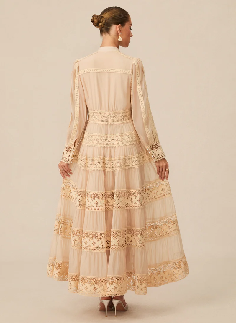 Sunfere  Romantic Antique Beige Embroidered Lace Maxi Dress for Women | Best Price UAE