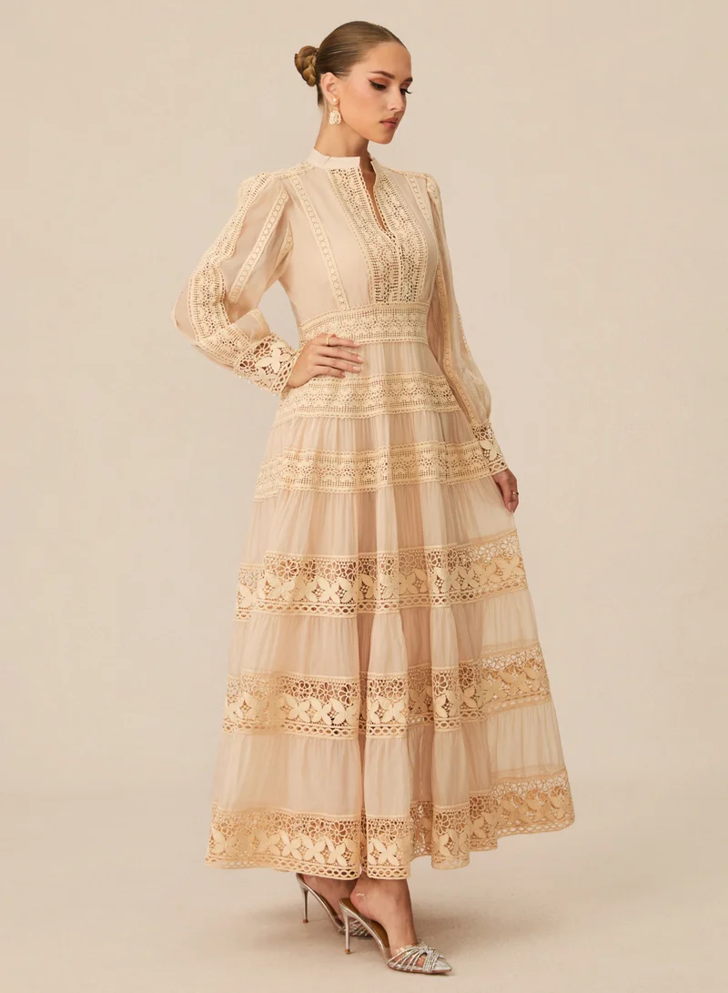 Sunfere Romantic Antique Beige Embroidered Lace Maxi Dress