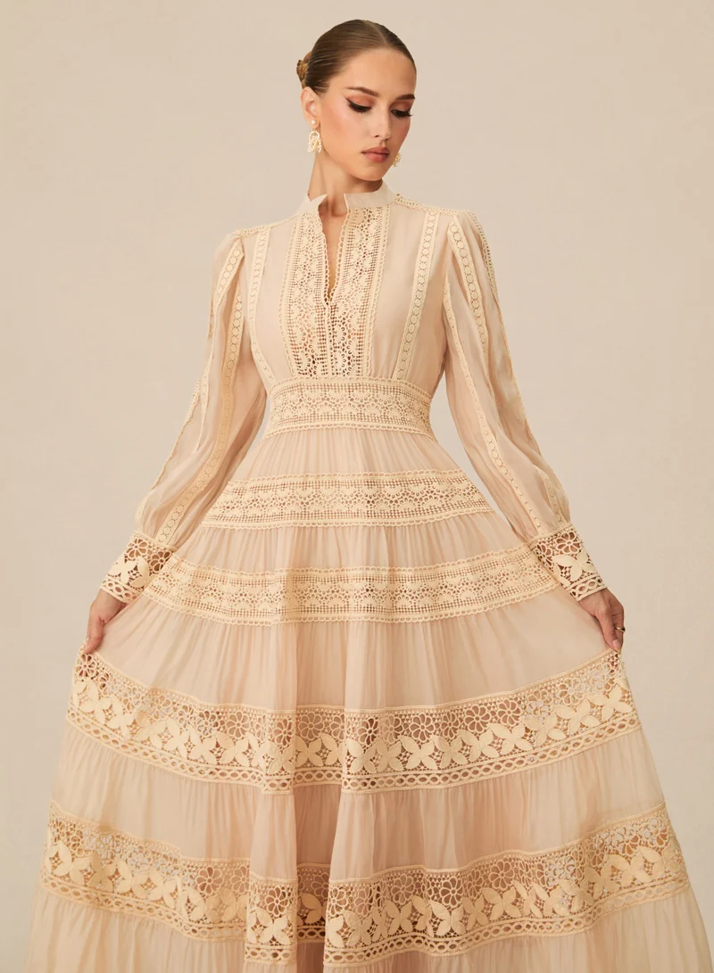 Sunfere  Romantic Antique Beige Embroidered Lace Maxi Dress for Women | Best Price UAE