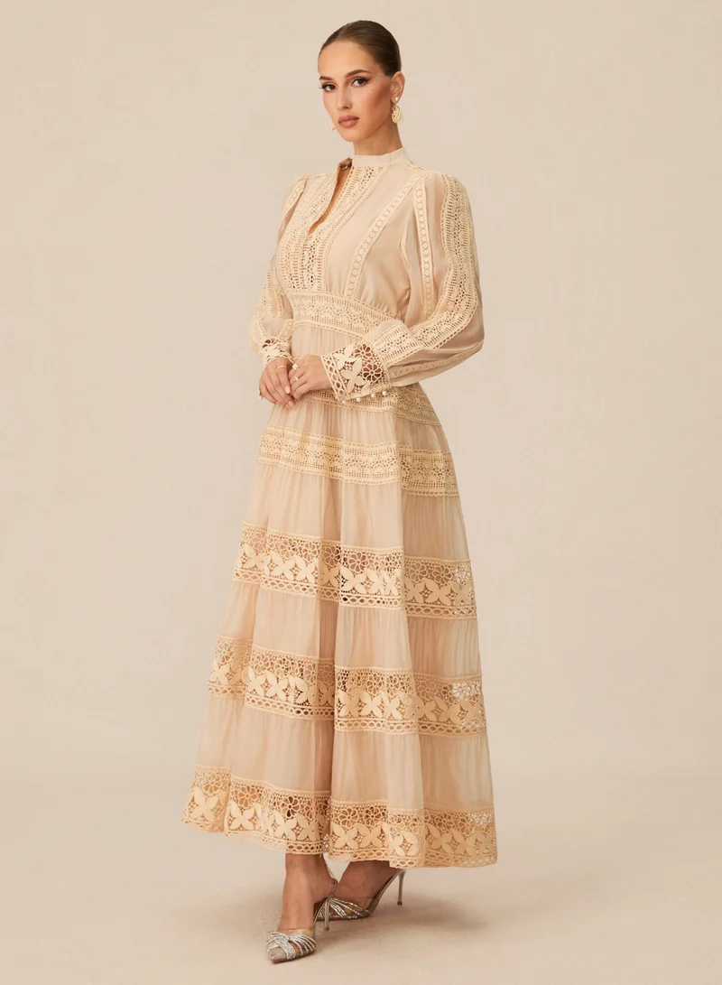 Sunfere  Romantic Antique Beige Embroidered Lace Maxi Dress for Women | Best Price UAE