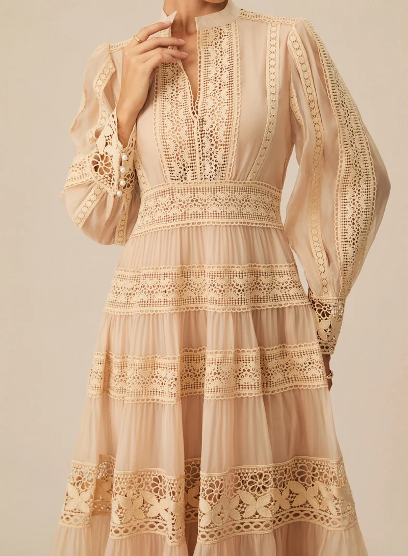 Sunfere  Romantic Antique Beige Embroidered Lace Maxi Dress for Women | Best Price UAE