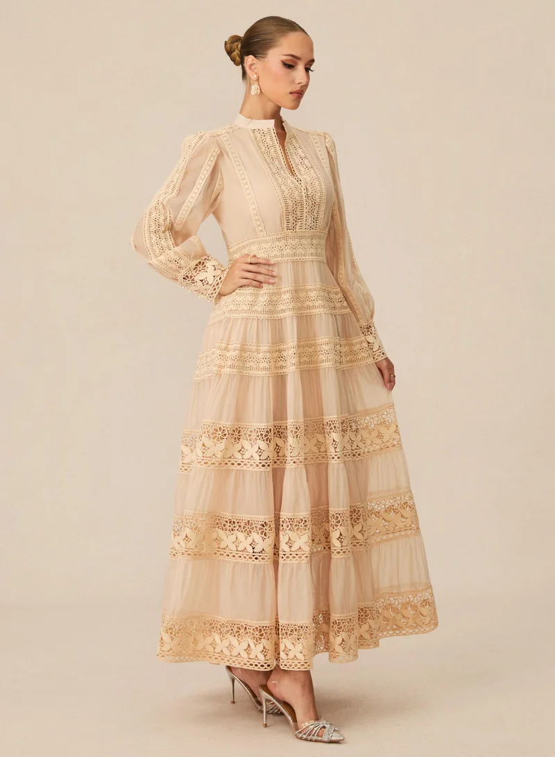 Sunfere Romantic Antique Beige Embroidered Lace Maxi Dress