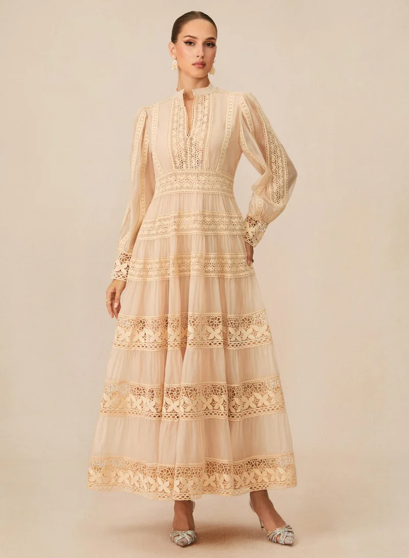 Sunfere Romantic Antique Beige Embroidered Lace Maxi Dress