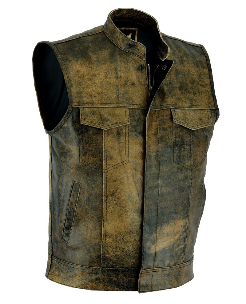 Leatherick Mens SOA Style Black Brown Distress Leather Biker Motorcycle Vest with Concealed Carry Pockets L Distress Brown
