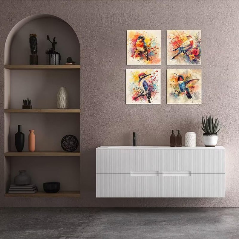 Wall HDQ Country Birds Floral Wall Decor Colorful Hummingbird Pictures Wall Art Watercolor Canvas Print Painting Framed Modern Home Artwork Decorations for Bedroom Kitchen Office Framed 4 Pieces - Image 5