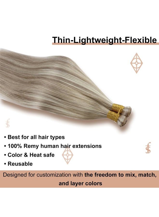 Full Shine 22 Inch Human Hair Weft Sew In Hair Extensions Real Human Hair Hand Tied Hair Extensions Straight Remy Hair For Women Color Ash Blonde Highlight Bleach Blonde Bundles Human Hair 60G  - Image 2