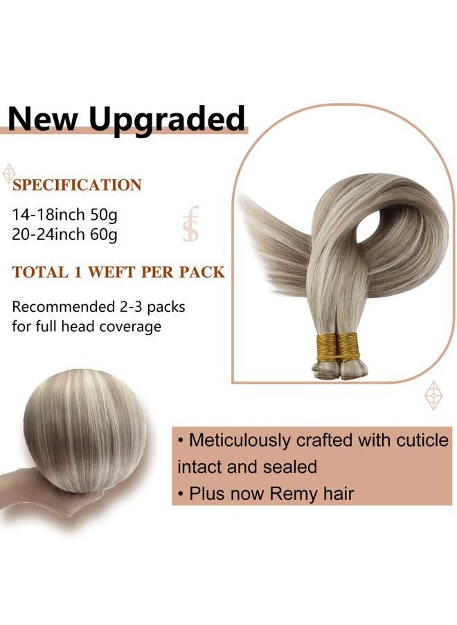 Full Shine 22 Inch Human Hair Weft Sew In Hair Extensions Real Human Hair Hand Tied Hair Extensions Straight Remy Hair For Women Color Ash Blonde Highlight Bleach Blonde Bundles Human Hair 60G  - Image 3