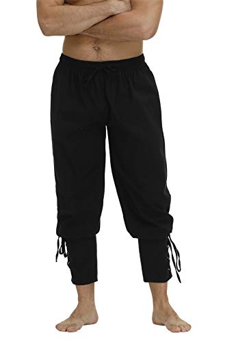 Zhitunemi Men's Ankle Banded Cuff Renaissance Pants Medieval Viking Navigator Trousers Pirate Cosplay Costume with Drawstrings Black-L - Image 4