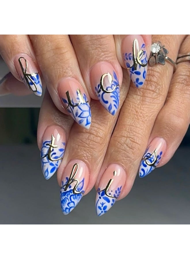 Wearing Armour Long Almond-shaped White Gradient Blue Flower Fake Nails Golden Letters Nail Art