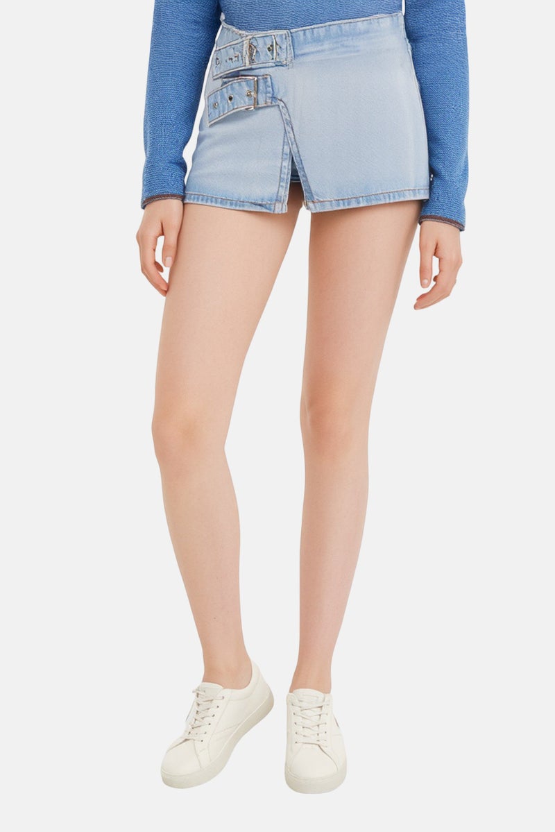 Bershka Women Washed Denim Mini Skirt, Light Blue - Image 1