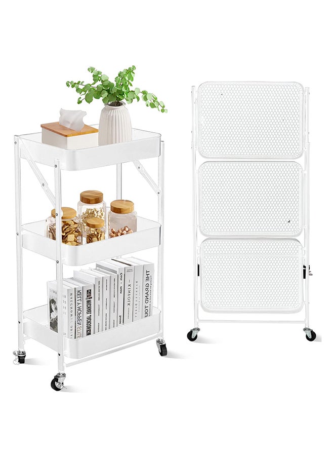 3 Tier Foldable Metal Rolling Utility Cart Organizer, 46x30x76cm Multipurpose Organizer Trolley with Casters for Kitchen, Bedroom, Bathroom, Office, Laundry Room, and Garage, White 