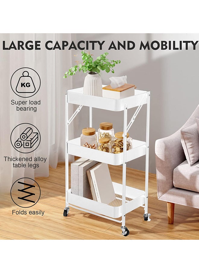SKY-TOUCH - 3 Tier Foldable Metal Rolling Utility Cart Organizer, 46x30x76cm Multipurpose Organizer Trolley with Casters for Kitchen, Bedroom, Bathroom, Office, Laundry Room, and Garage, White - Image 1