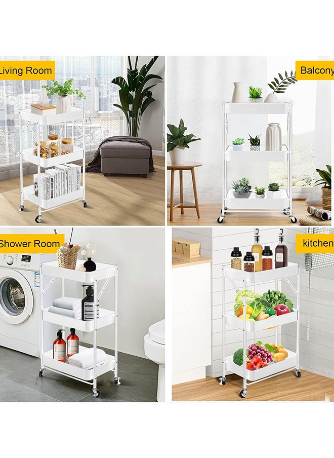 SKY-TOUCH - 3 Tier Foldable Metal Rolling Utility Cart Organizer, 46x30x76cm Multipurpose Organizer Trolley with Casters for Kitchen, Bedroom, Bathroom, Office, Laundry Room, and Garage, White - Image 1