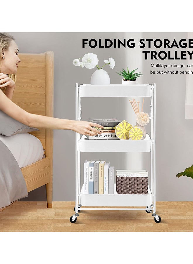 SKY-TOUCH - 3 Tier Foldable Metal Rolling Utility Cart Organizer, 46x30x76cm Multipurpose Organizer Trolley with Casters for Kitchen, Bedroom, Bathroom, Office, Laundry Room, and Garage, White - Image 1